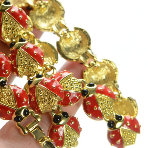 Vintage Kenneth Jay Lane KJL Gold-tone Black and Red Enamel Ladybug Necklace - Picture 6 of 6